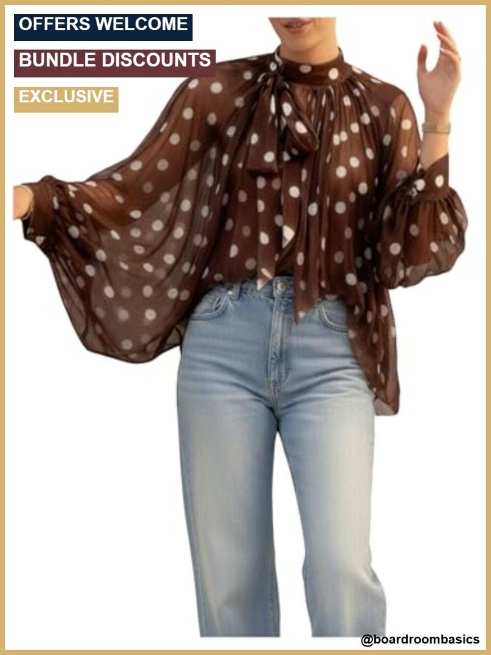 Women's Polka Dot Tie Neck Mesh Bishop Sleeve Blouse Top